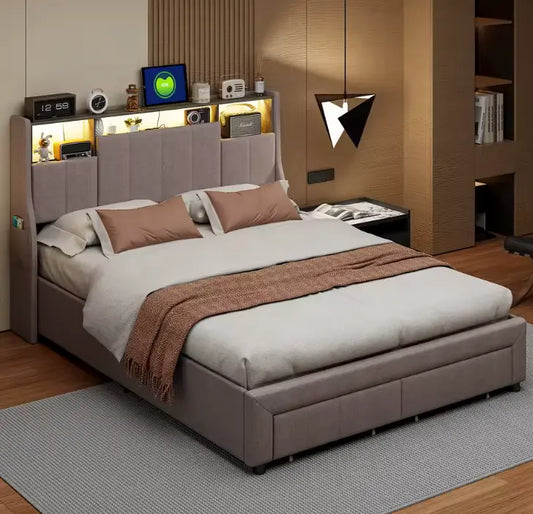 Lit capitonné avec LED, ports USB et rangement – Maison Sommeil Maison Sommeil